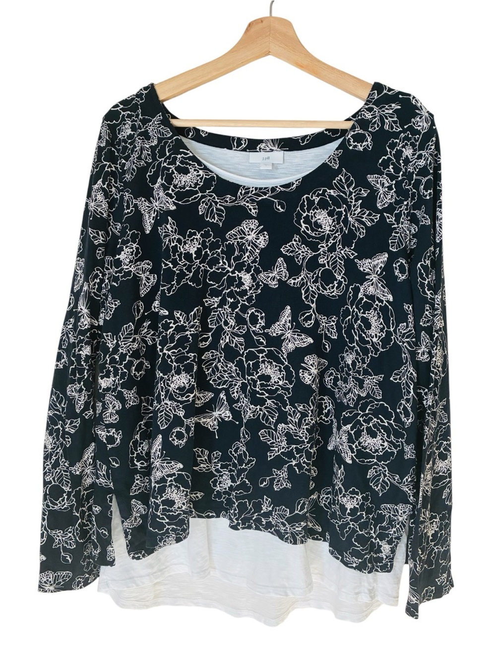 J. Jill Sz LARGE Navy Blue Floral Butterfly Print Layered Cotton Long-Sleeve Top - Picture 2 of 7
